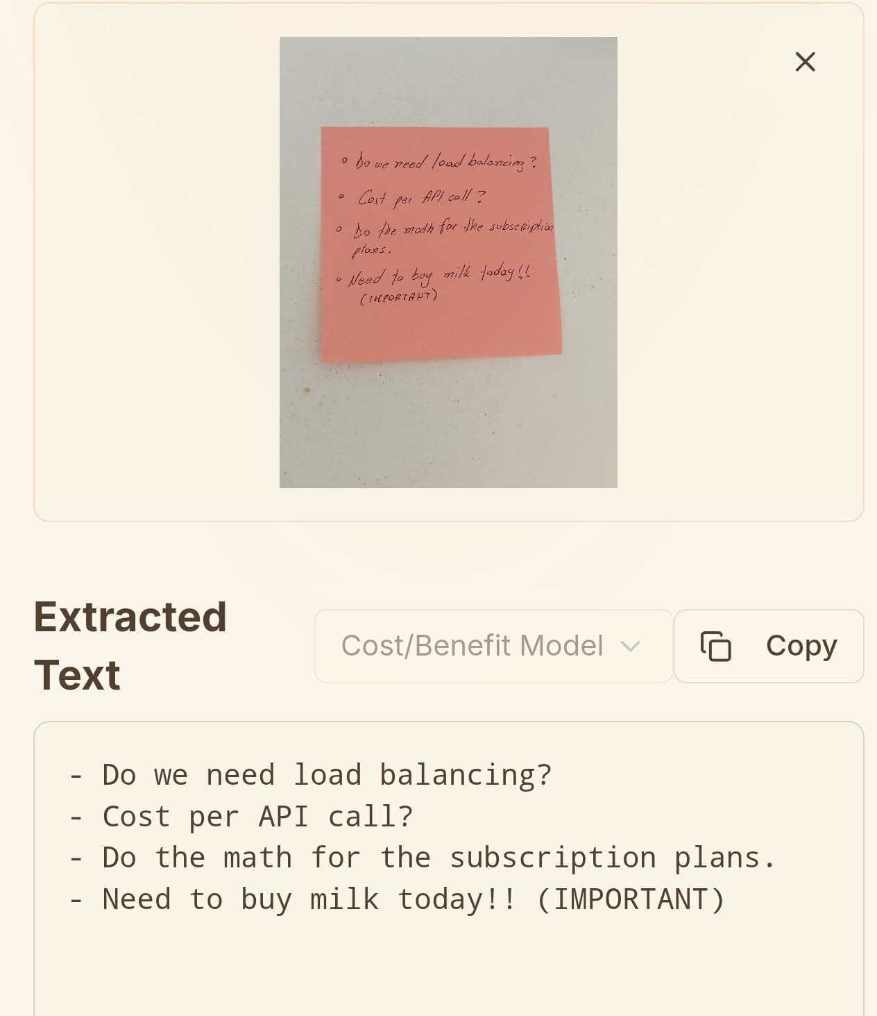 Pink sticky note with handwritten English text including to-do items about load balancing, API costs, and subscription plans